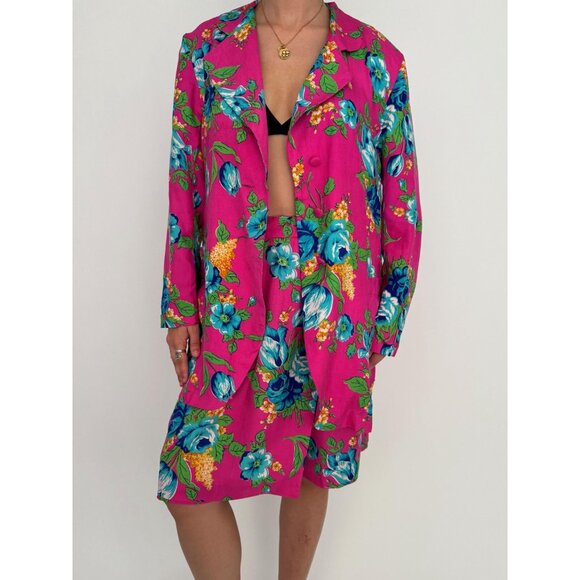 90s vintage pink floral print pure silk blazer skort 2 piece coord matching set - Picture 2 of 10